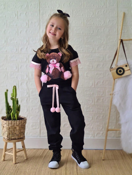 Conjunto Feminino Infantil de Menina Calça e Blusa Moda Verão Ursinho Cadarço PomPom