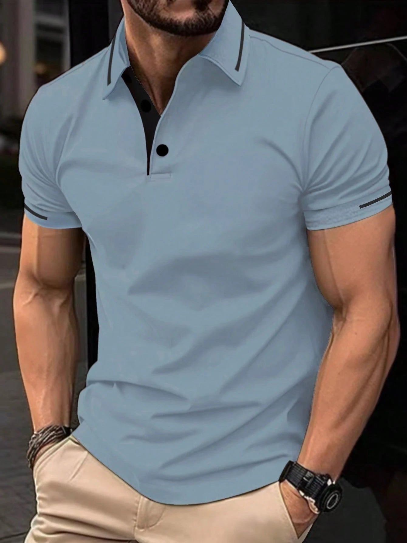 Calvornis Camisa Polo Casual/Business de Manga Curta com Detalhe em Contraste para Homens, Camisa de Golfe Preta para Homens, Formal, Cerimônia