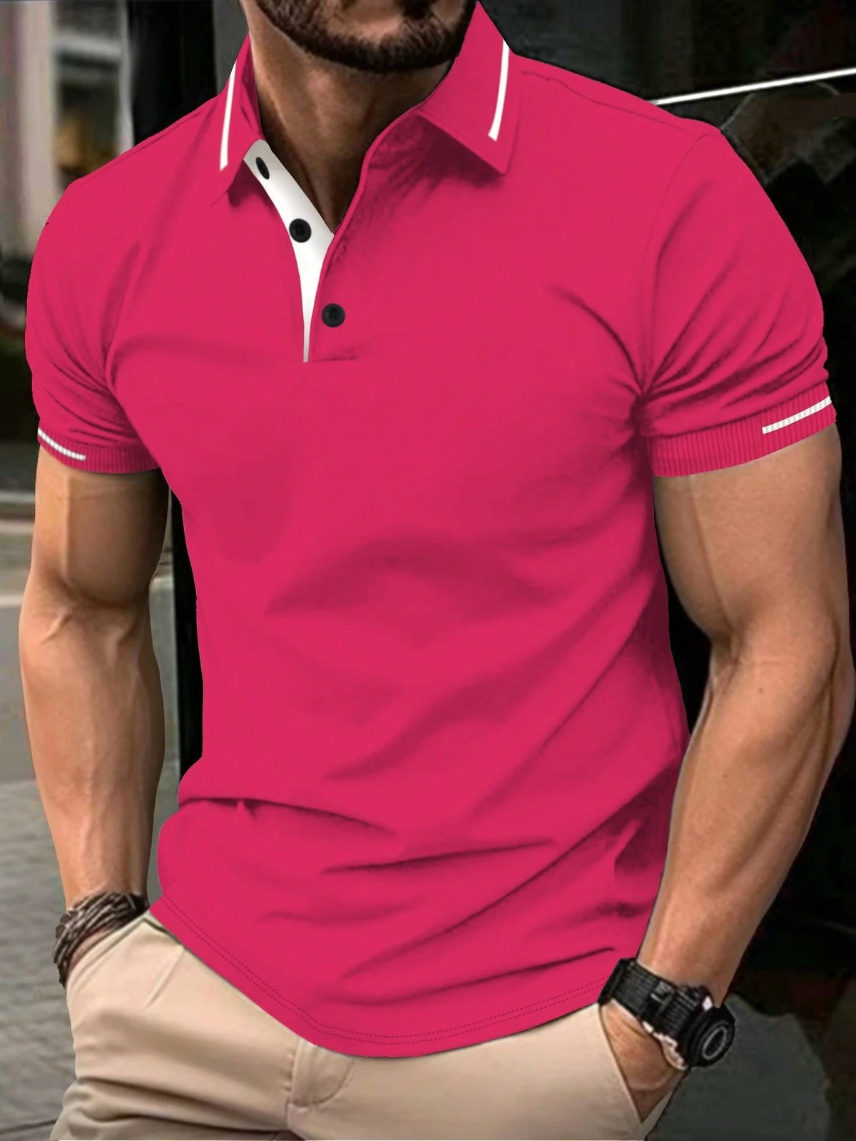 Calvornis Camisa Polo Casual/Business de Manga Curta com Detalhe em Contraste para Homens, Camisa de Golfe Preta para Homens, Formal, Cerimônia