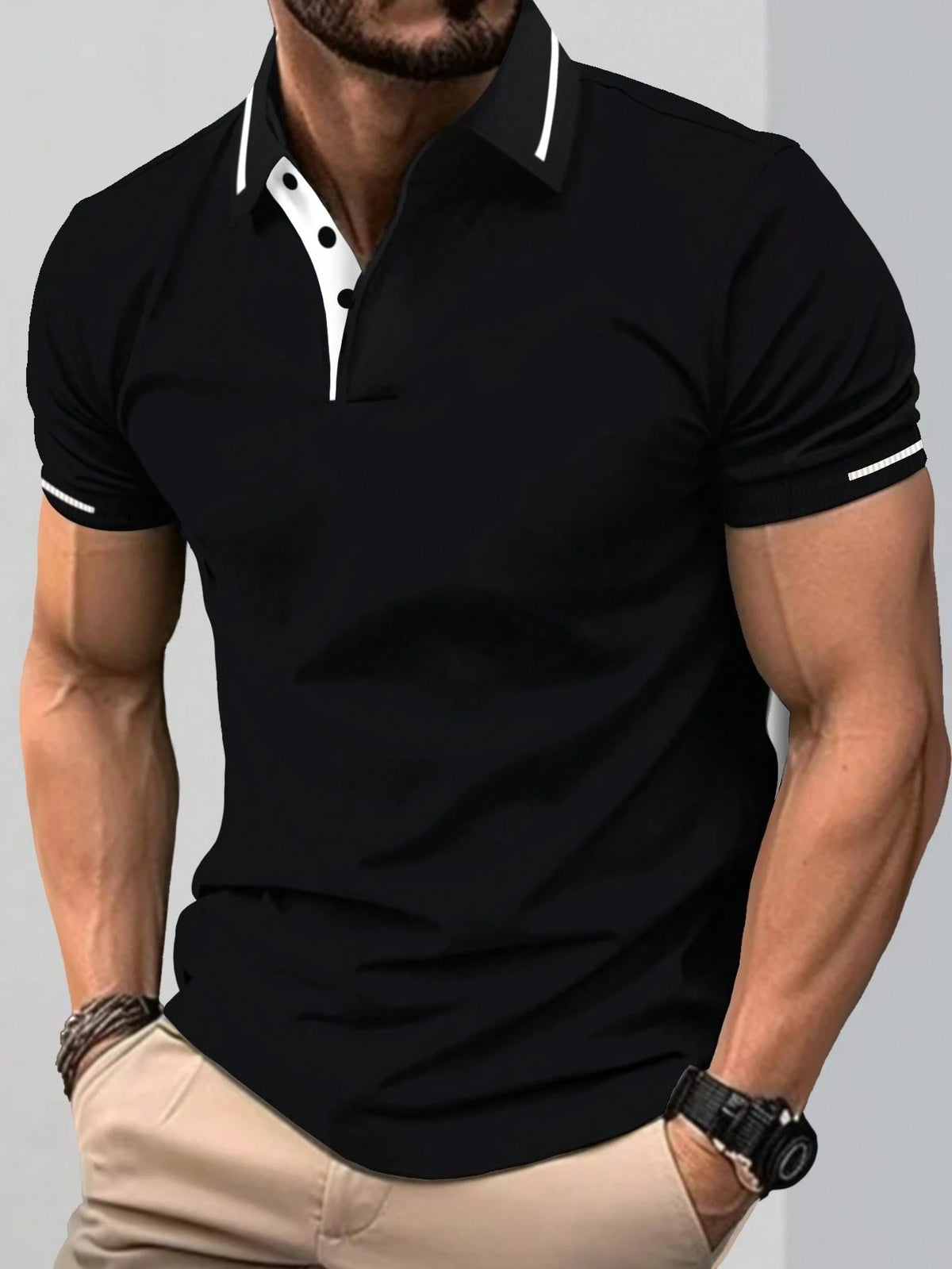 Calvornis Camisa Polo Casual/Business de Manga Curta com Detalhe em Contraste para Homens, Camisa de Golfe Preta para Homens, Formal, Cerimônia