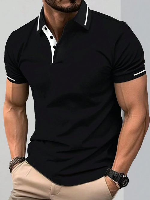 Calvornis Camisa Polo Casual/Business de Manga Curta com Detalhe em Contraste para Homens, Camisa de Golfe Preta para Homens, Formal, Cerimônia