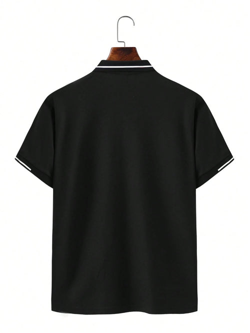 Calvornis Camisa Polo Casual/Business de Manga Curta com Detalhe em Contraste para Homens, Camisa de Golfe Preta para Homens, Formal, Cerimônia