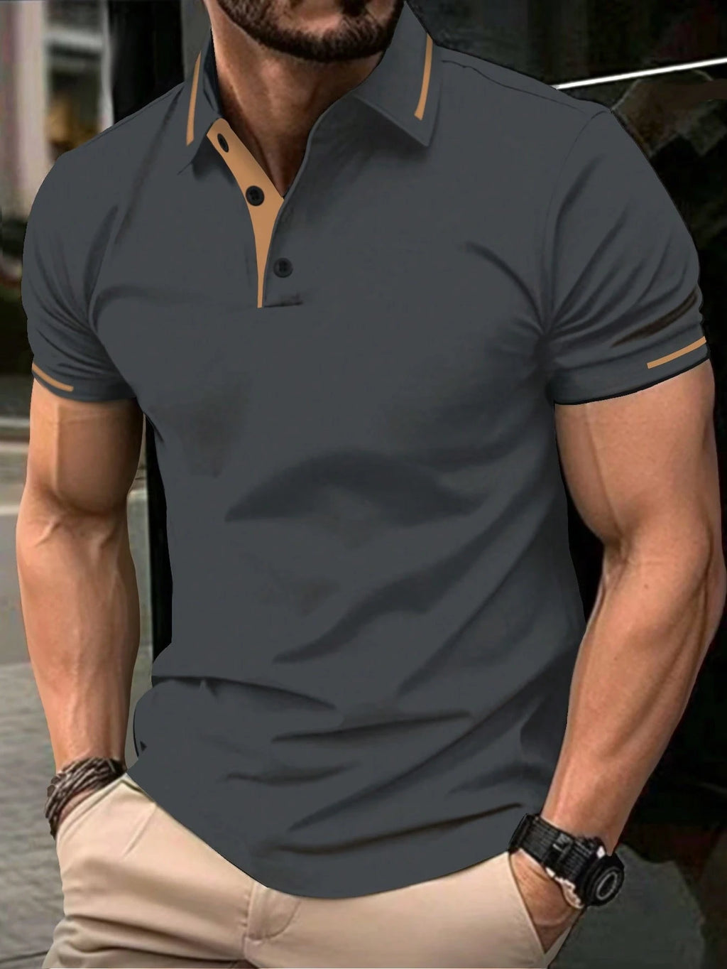 Calvornis Camisa Polo Casual/Business de Manga Curta com Detalhe em Contraste para Homens, Camisa de Golfe Preta para Homens, Formal, Cerimônia