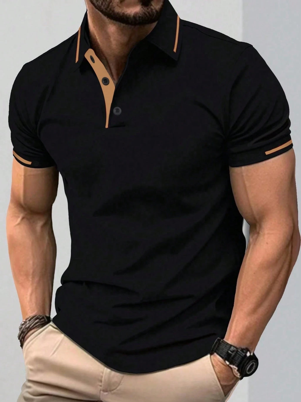 Calvornis Camisa Polo Casual/Business de Manga Curta com Detalhe em Contraste para Homens, Camisa de Golfe Preta para Homens, Formal, Cerimônia