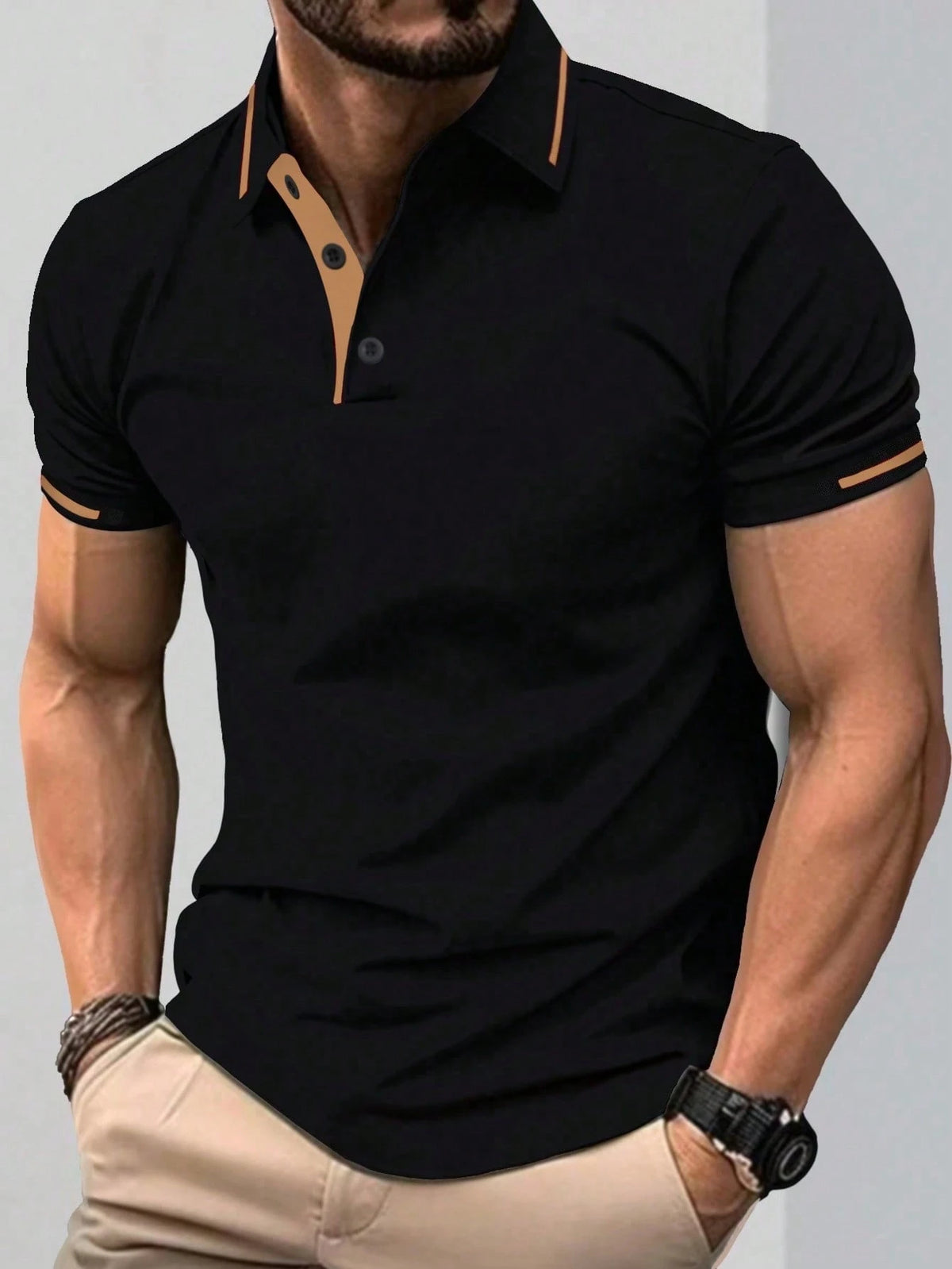 Calvornis Camisa Polo Casual/Business de Manga Curta com Detalhe em Contraste para Homens, Camisa de Golfe Preta para Homens, Formal, Cerimônia