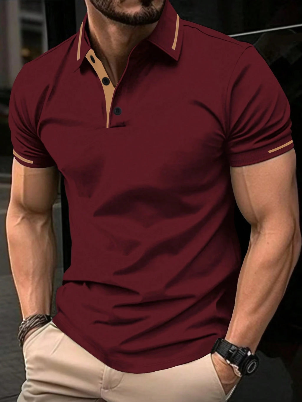 Calvornis Camisa Polo Casual/Business de Manga Curta com Detalhe em Contraste para Homens, Camisa de Golfe Preta para Homens, Formal, Cerimônia