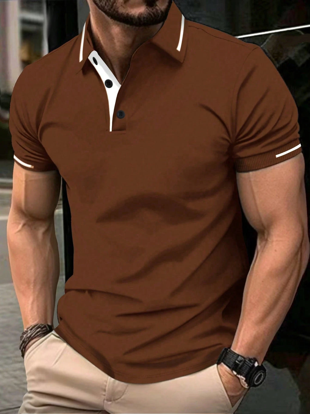 Calvornis Camisa Polo Casual/Business de Manga Curta com Detalhe em Contraste para Homens, Camisa de Golfe Preta para Homens, Formal, Cerimônia