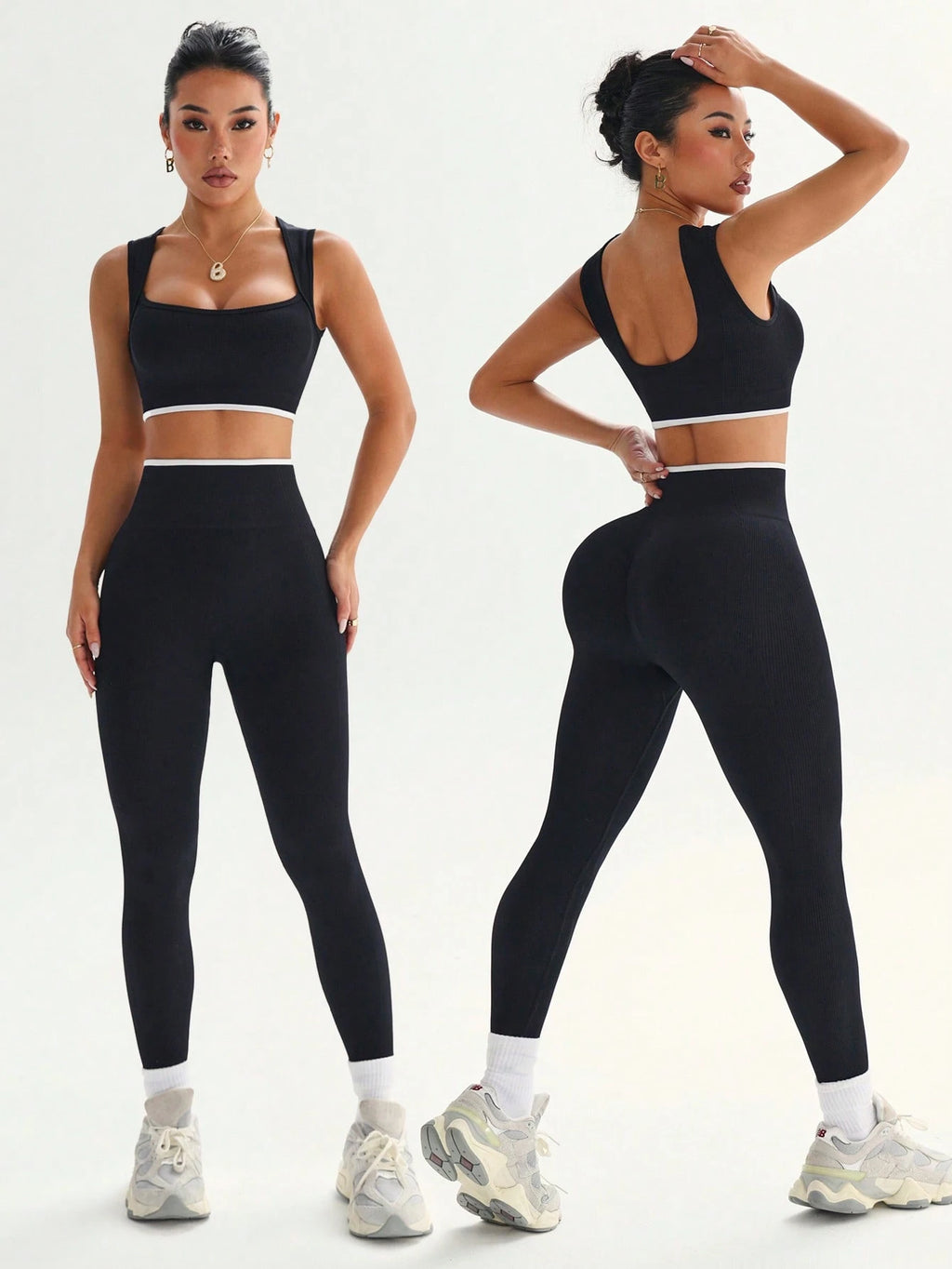 Dewbera Dewbera Conjunto Esportivo Feminino com Regata Cropped Listrada em Blocos de Cor e Legging