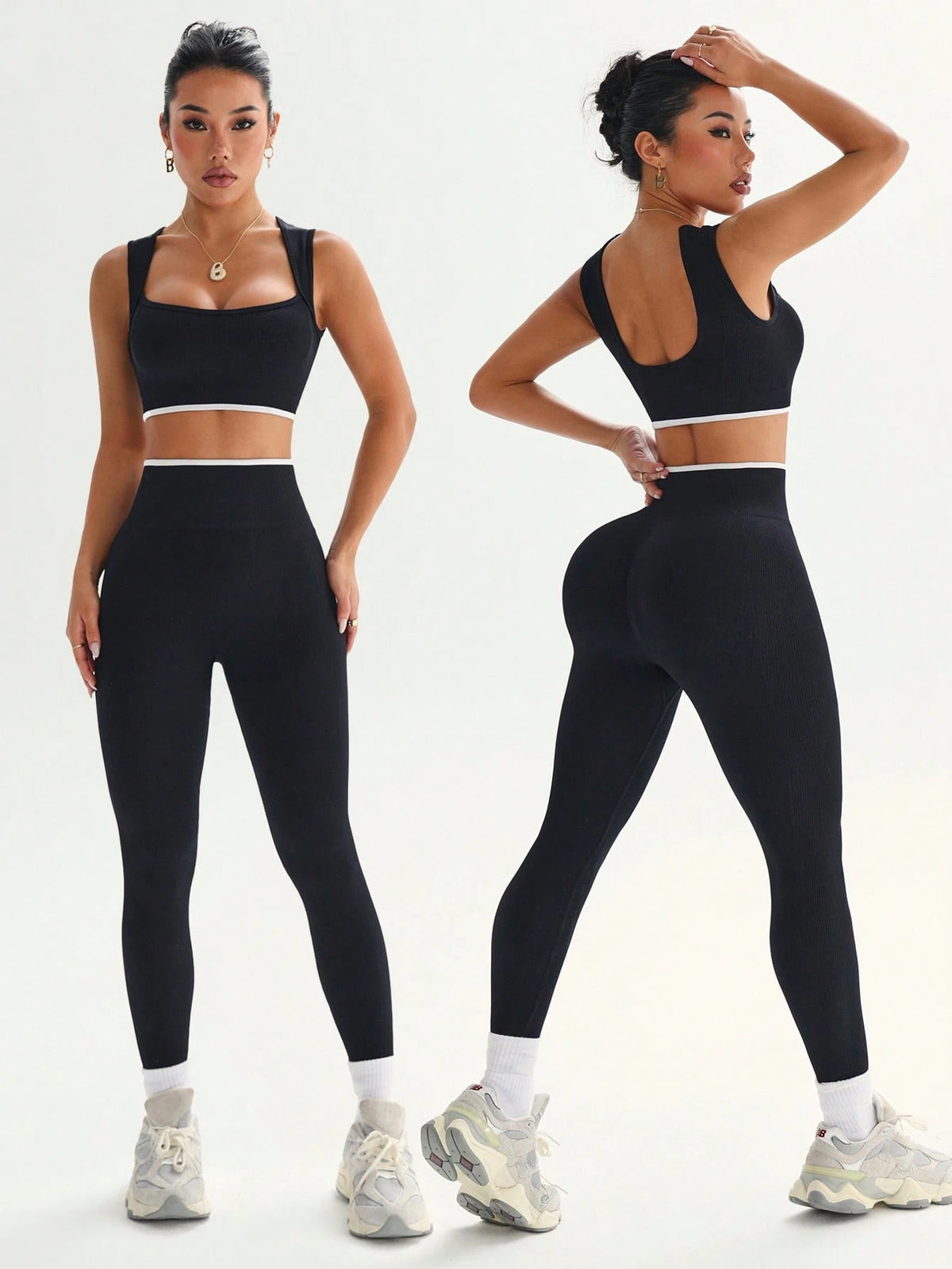 Dewbera Dewbera Conjunto Esportivo Feminino com Regata Cropped Listrada em Blocos de Cor e Legging
