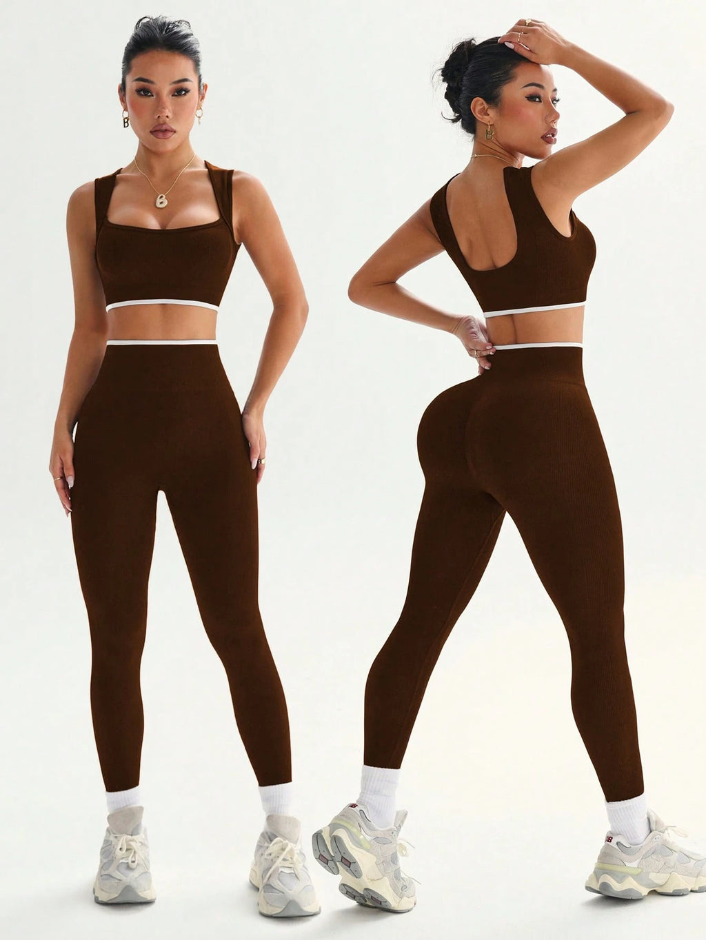 Dewbera Dewbera Conjunto Esportivo Feminino com Regata Cropped Listrada em Blocos de Cor e Legging