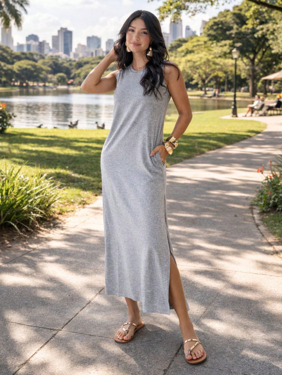 Vestido Feminino Longo Com Fenda Lateral e Bolso Básico Liso Moda Comfy Casual Blogueira Soltinho Malha Leve Algodão