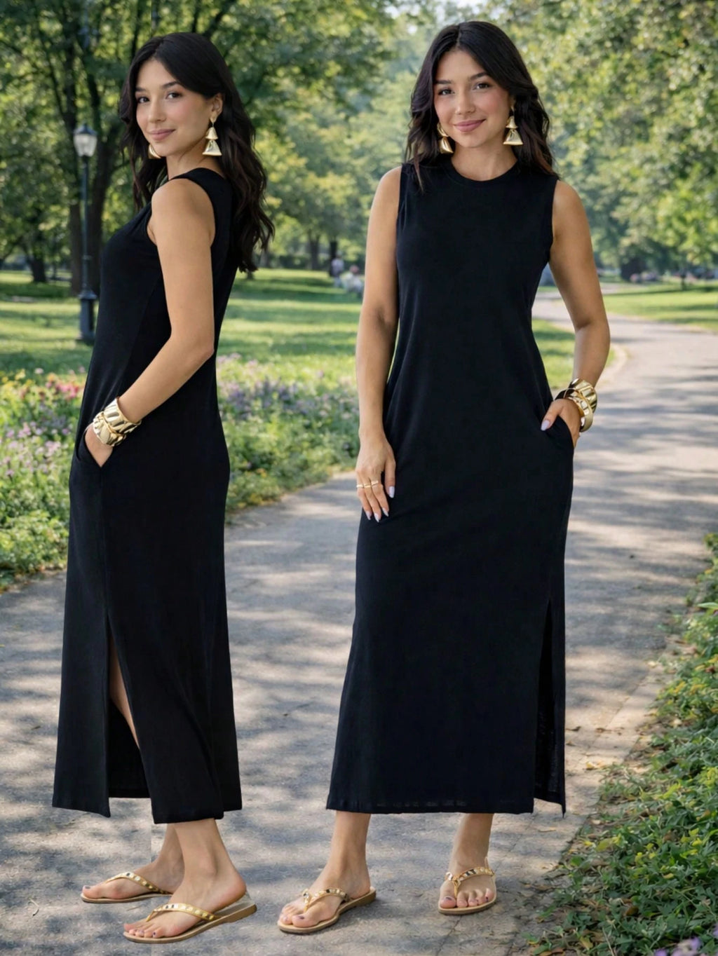 Vestido Feminino Longo Com Fenda Lateral e Bolso Básico Liso Moda Comfy Casual Blogueira Soltinho Malha Leve Algodão