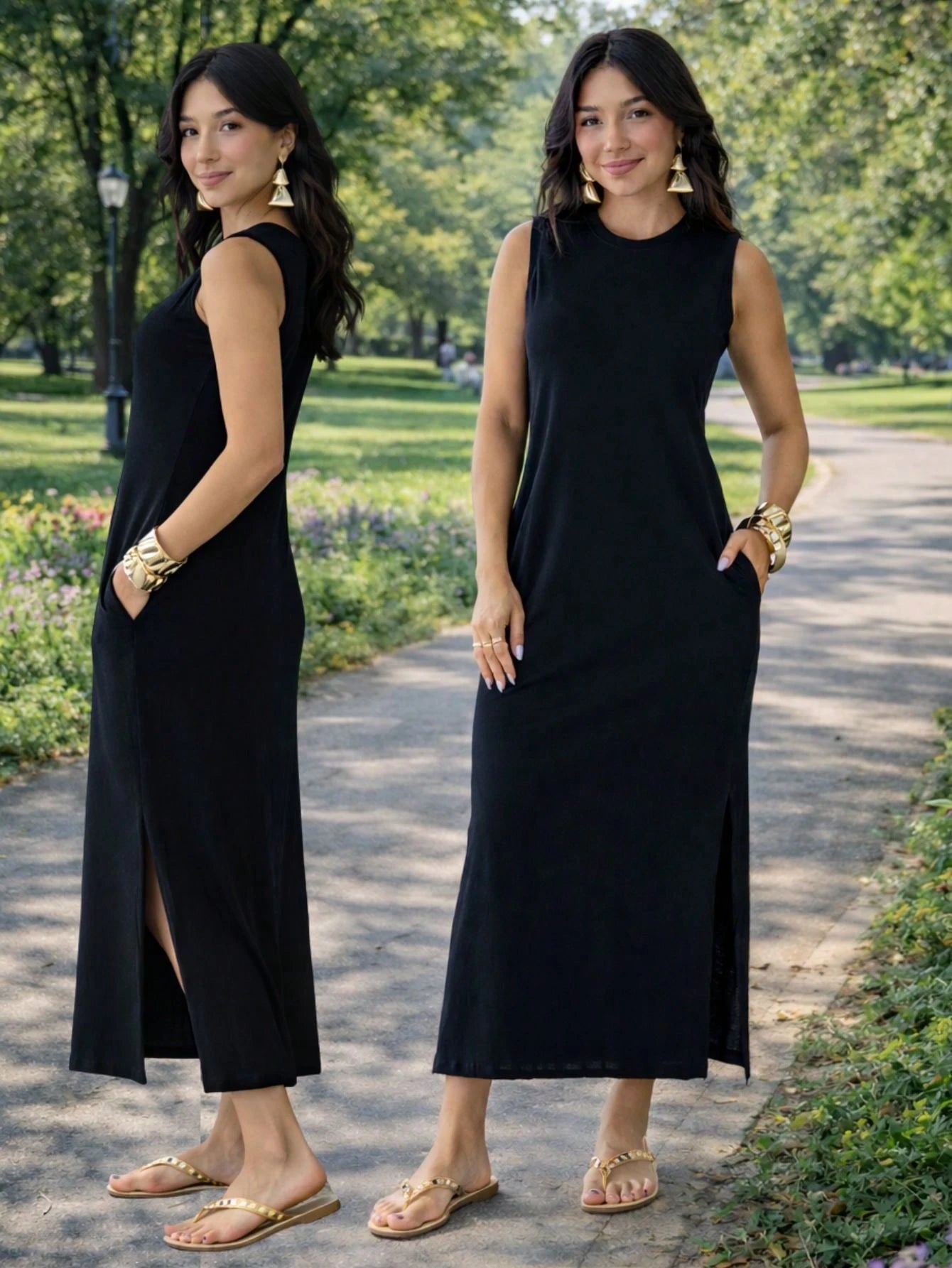 Vestido Feminino Longo Com Fenda Lateral e Bolso Básico Liso Moda Comfy Casual Blogueira Soltinho Malha Leve Algodão