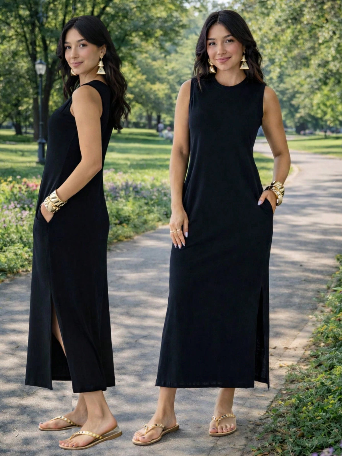 Vestido Feminino Longo Com Fenda Lateral e Bolso Básico Liso Moda Comfy Casual Blogueira Soltinho Malha Leve Algodão