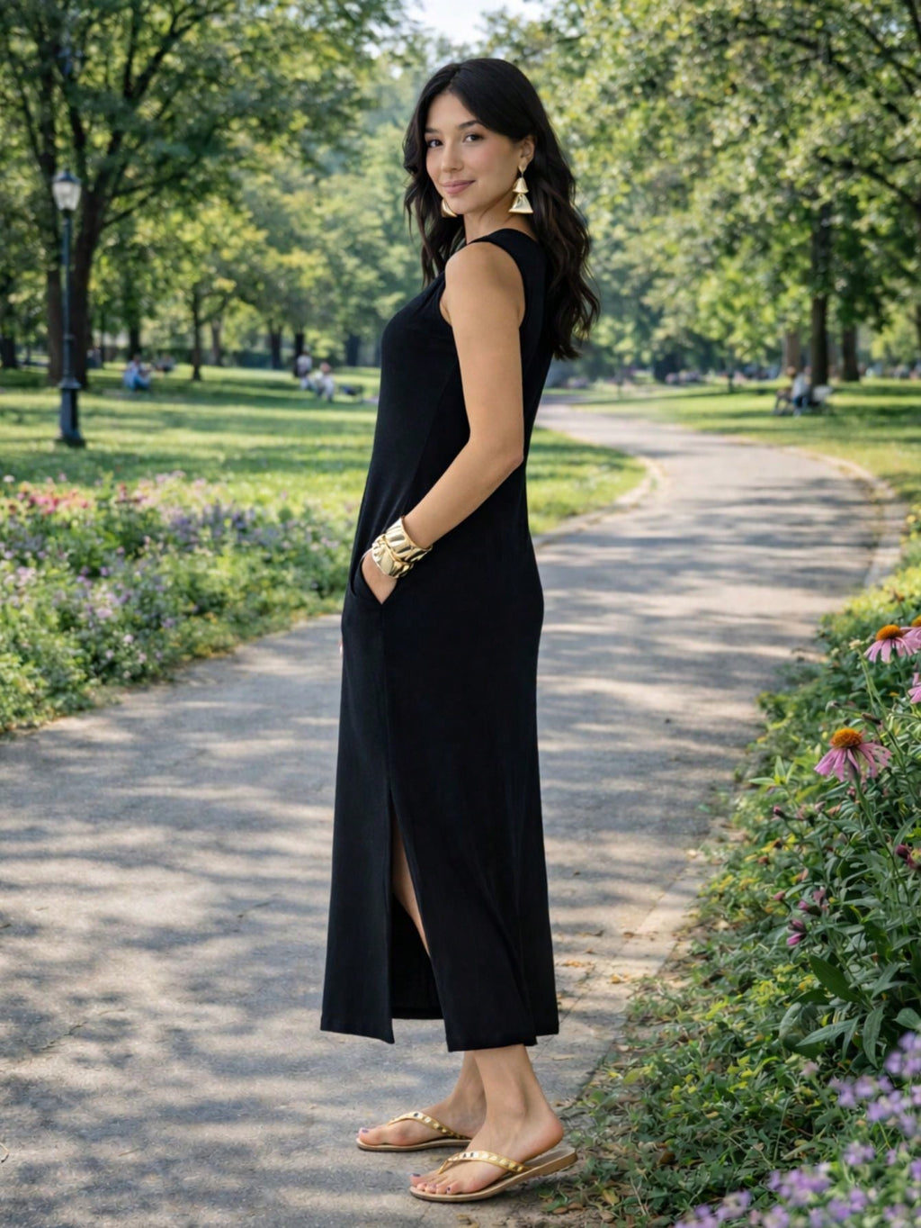 Vestido Feminino Longo Com Fenda Lateral e Bolso Básico Liso Moda Comfy Casual Blogueira Soltinho Malha Leve Algodão