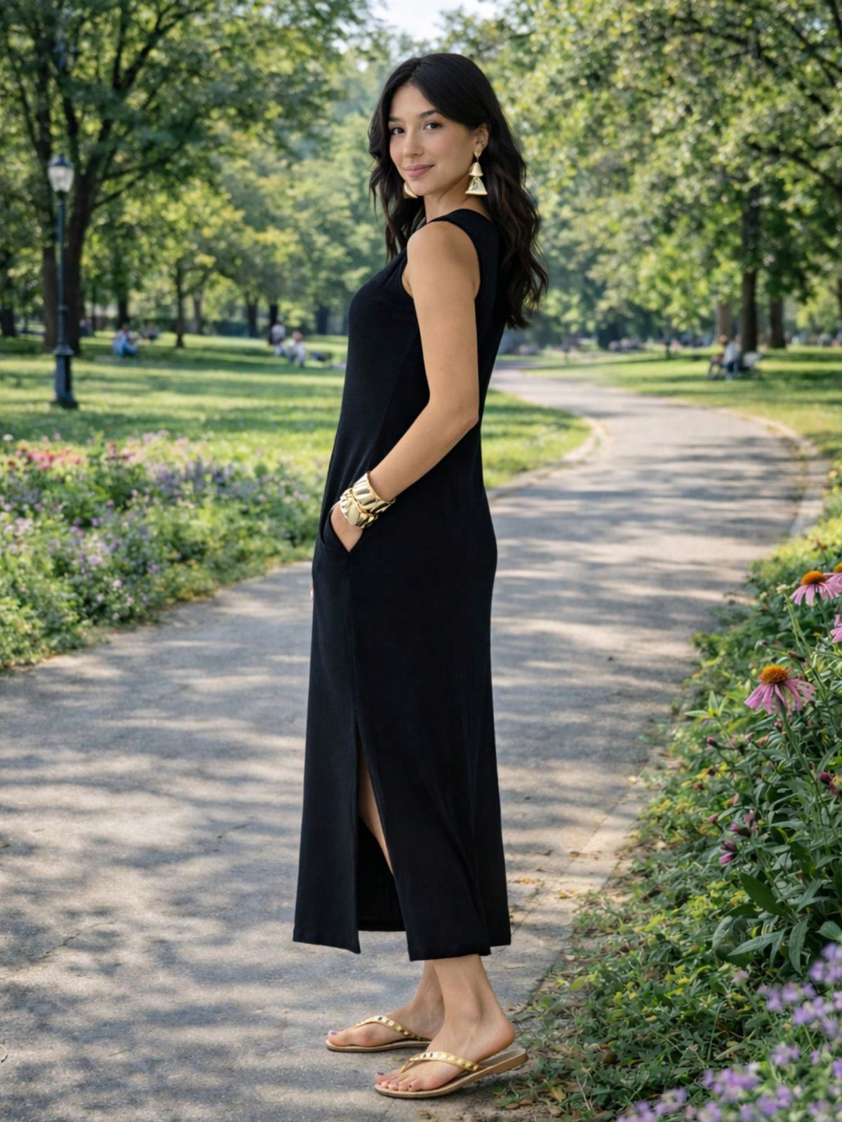 Vestido Feminino Longo Com Fenda Lateral e Bolso Básico Liso Moda Comfy Casual Blogueira Soltinho Malha Leve Algodão