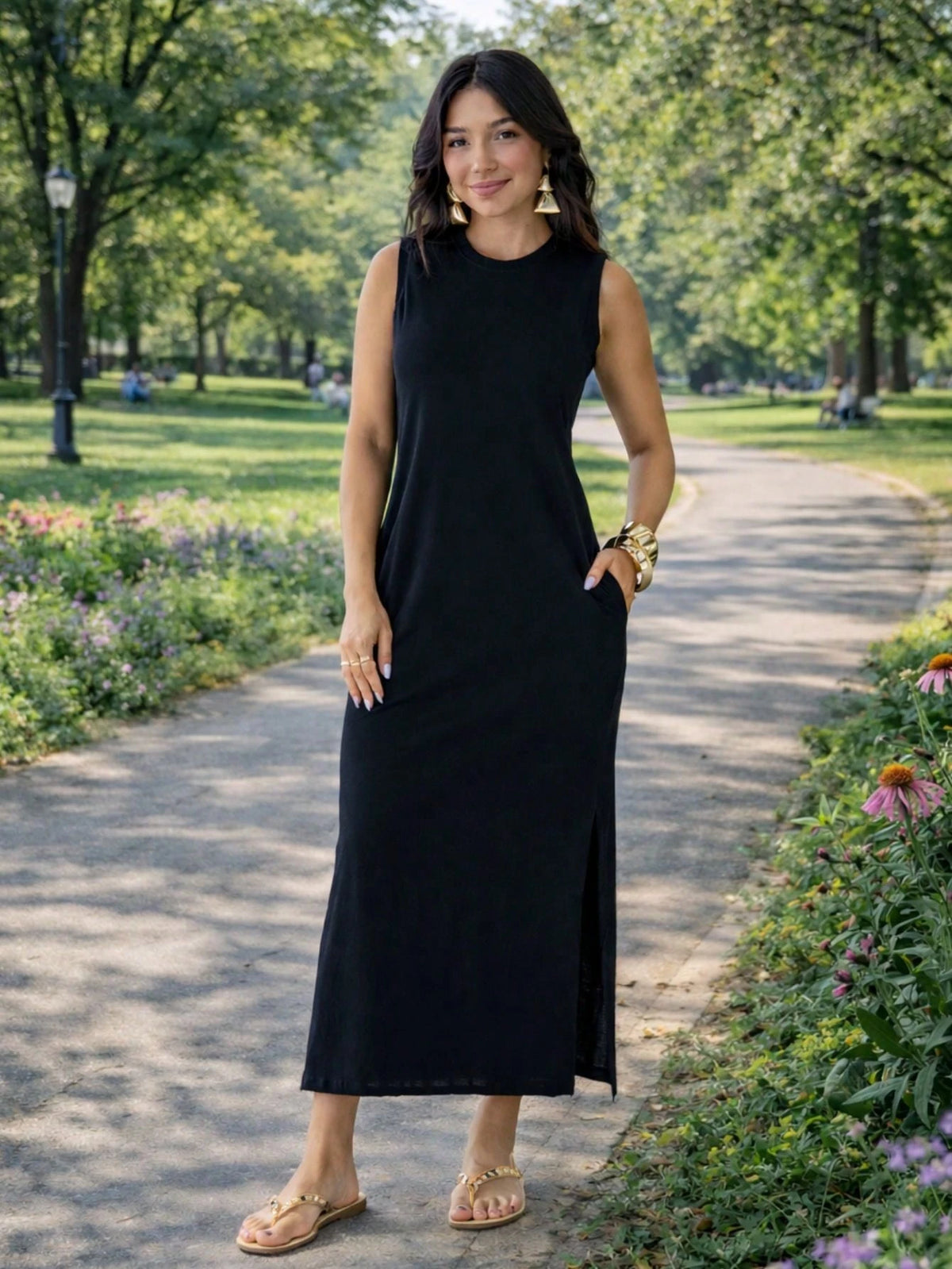 Vestido Feminino Longo Com Fenda Lateral e Bolso Básico Liso Moda Comfy Casual Blogueira Soltinho Malha Leve Algodão