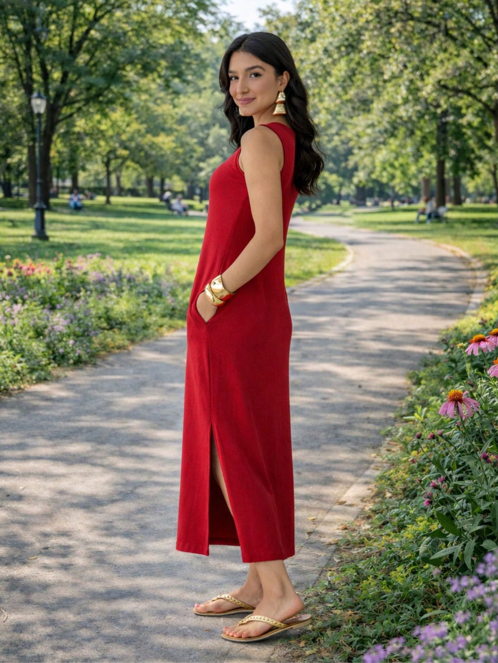 Vestido Feminino Longo Com Fenda Lateral e Bolso Básico Liso Moda Comfy Casual Blogueira Soltinho Malha Leve Algodão