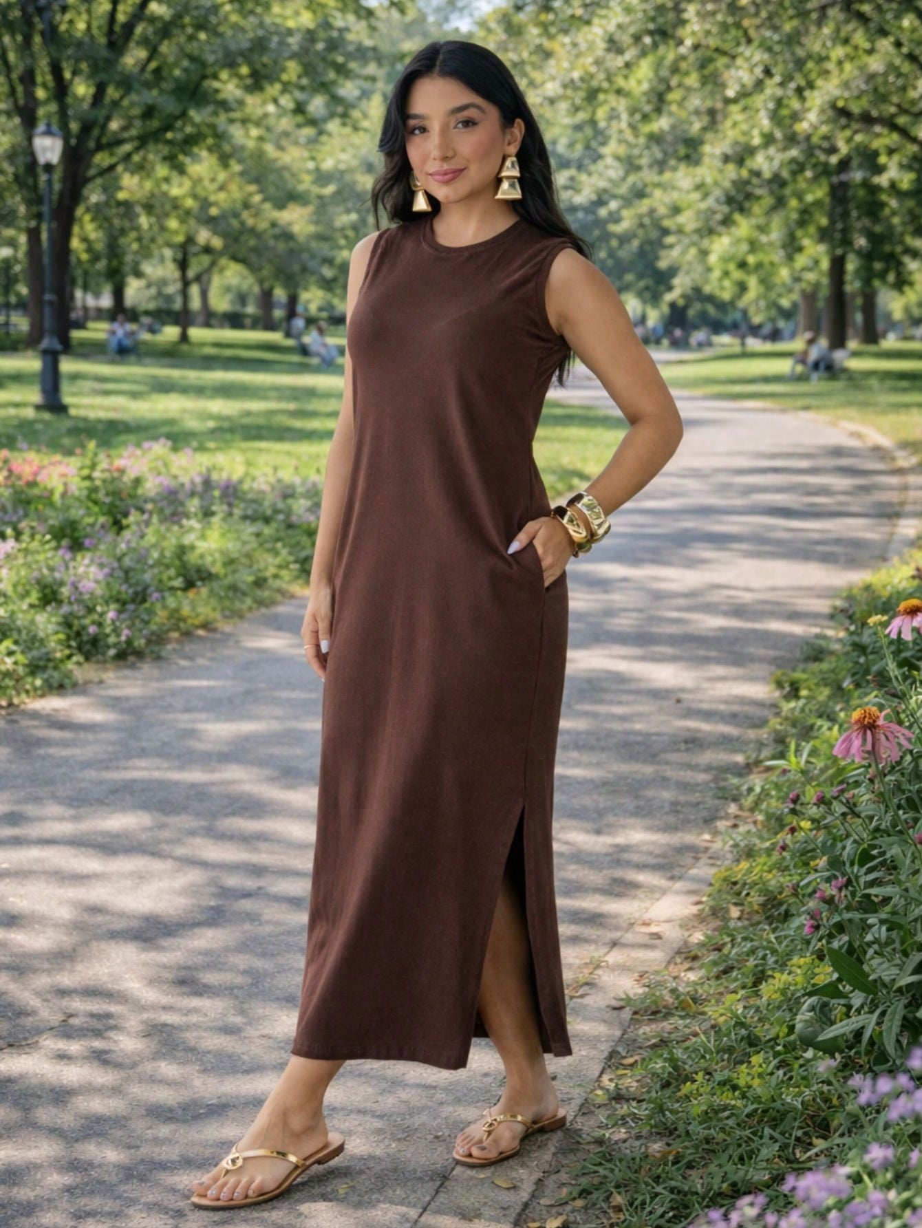 Vestido Feminino Longo Com Fenda Lateral e Bolso Básico Liso Moda Comfy Casual Blogueira Soltinho Malha Leve Algodão