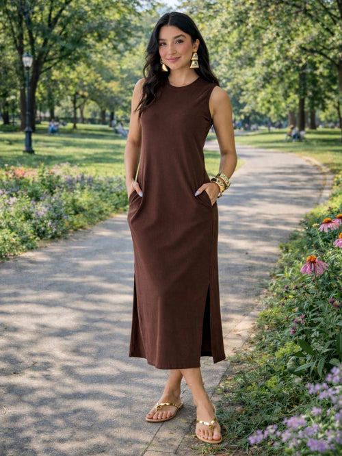 Vestido Feminino Longo Com Fenda Lateral e Bolso Básico Liso Moda Comfy Casual Blogueira Soltinho Malha Leve Algodão