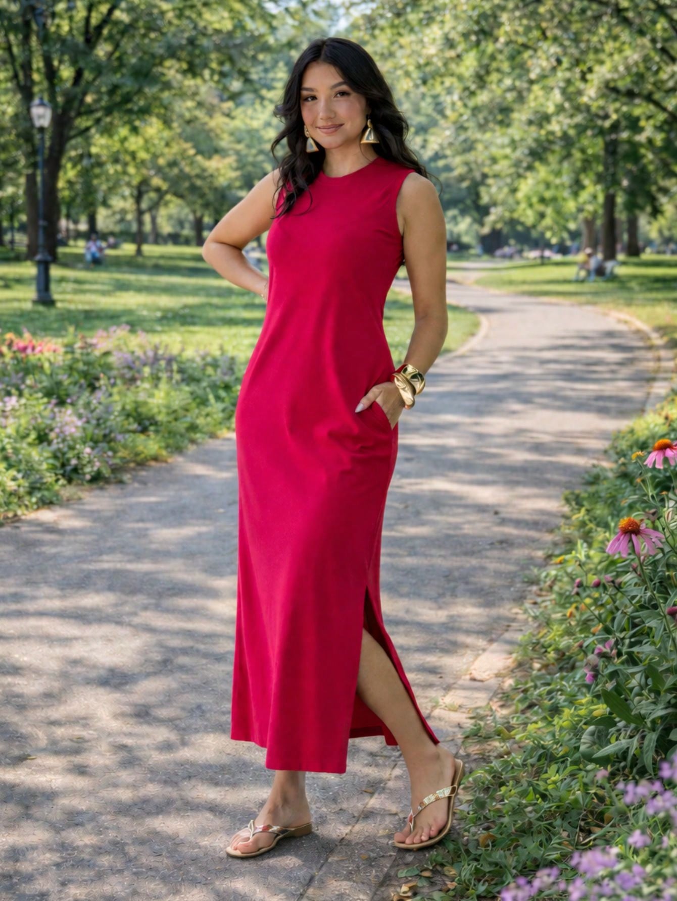 Vestido Feminino Longo Com Fenda Lateral e Bolso Básico Liso Moda Comfy Casual Blogueira Soltinho Malha Leve Algodão