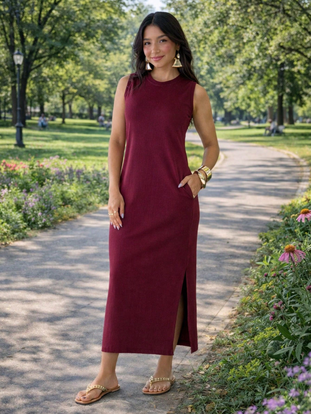 Vestido Feminino Longo Com Fenda Lateral e Bolso Básico Liso Moda Comfy Casual Blogueira Soltinho Malha Leve Algodão