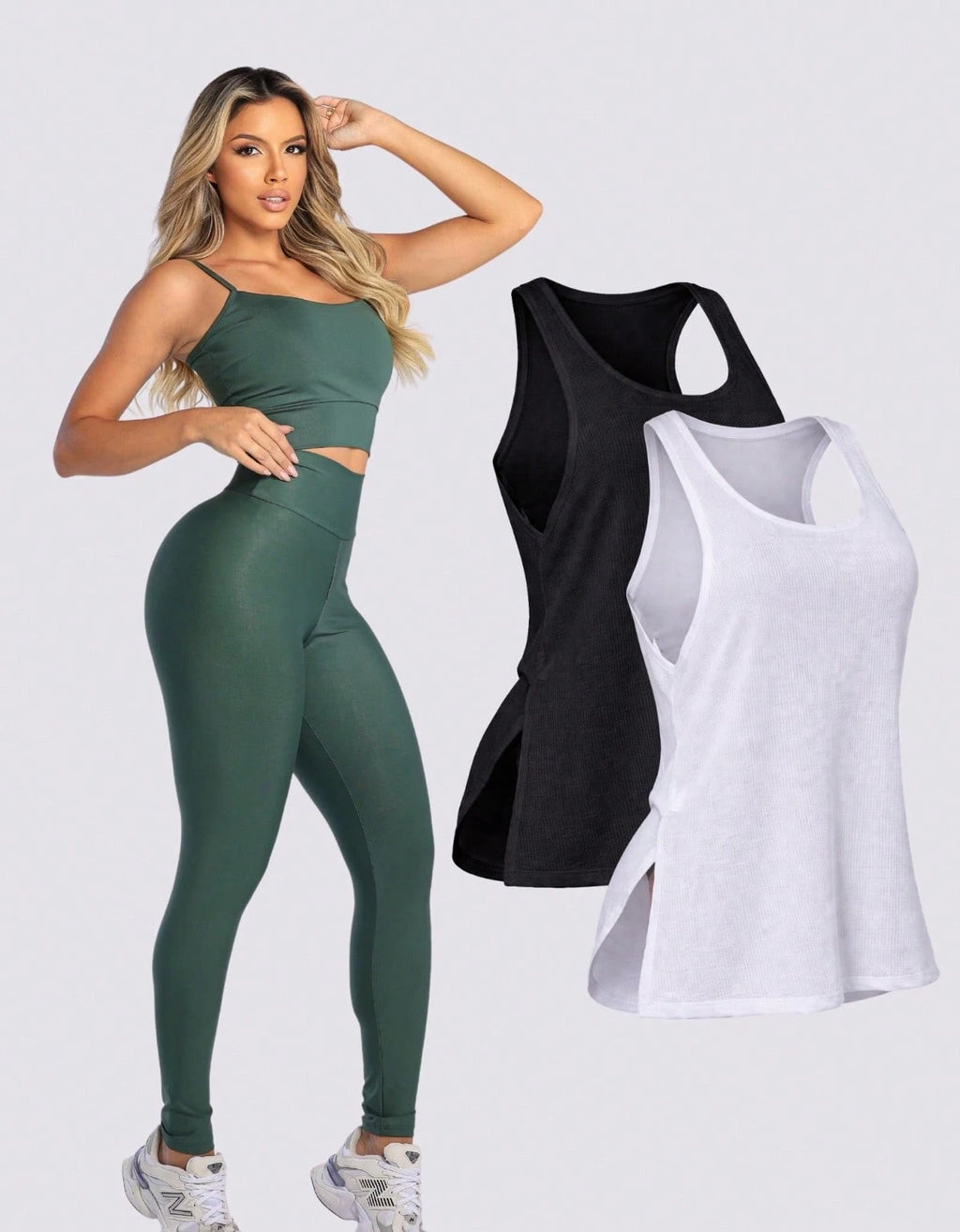 Kit 3 Peças Conjunto de Roupas Esportivas Fitnes Feminino Calça Legging Cintura Alta + Top com Bojo Removivel Zero Transparência + Regata Academia Dry Fit Ideal Treino Malhar Corrida
