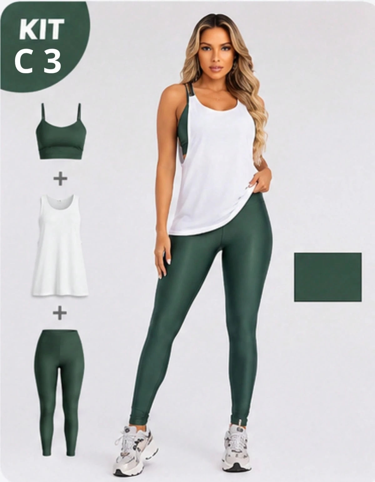 Kit 3 Peças Conjunto de Roupas Esportivas Fitnes Feminino Calça Legging Cintura Alta + Top com Bojo Removivel Zero Transparência + Regata Academia Dry Fit Ideal Treino Malhar Corrida