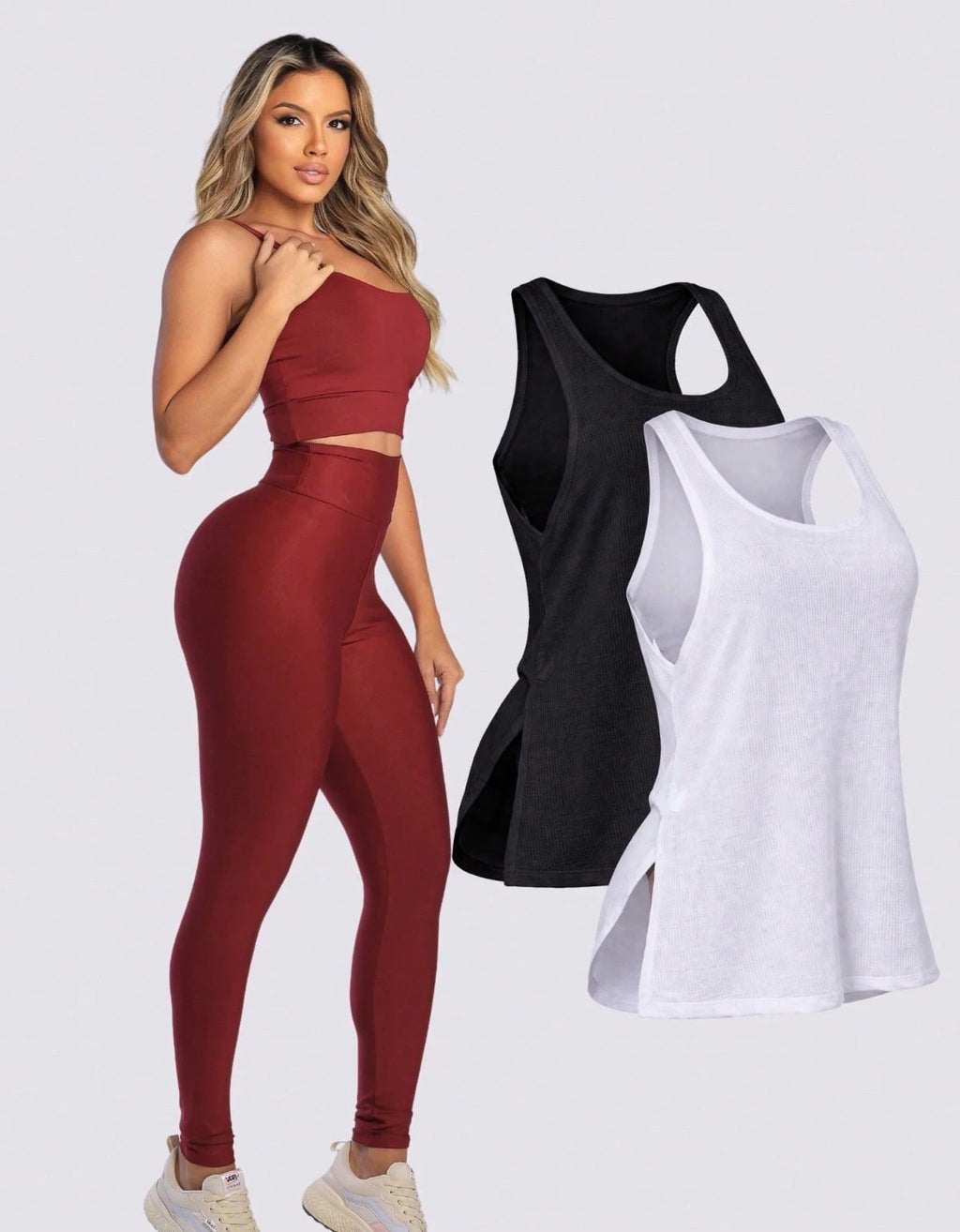 Kit 3 Peças Conjunto de Roupas Esportivas Fitnes Feminino Calça Legging Cintura Alta + Top com Bojo Removivel Zero Transparência + Regata Academia Dry Fit Ideal Treino Malhar Corrida