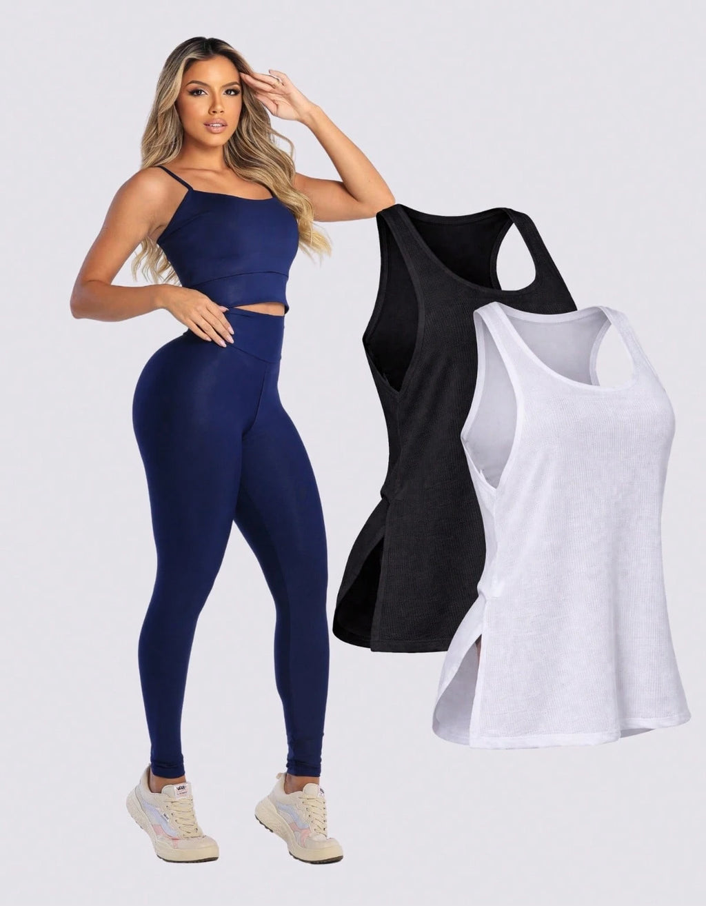 Kit 3 Peças Conjunto de Roupas Esportivas Fitnes Feminino Calça Legging Cintura Alta + Top com Bojo Removivel Zero Transparência + Regata Academia Dry Fit Ideal Treino Malhar Corrida