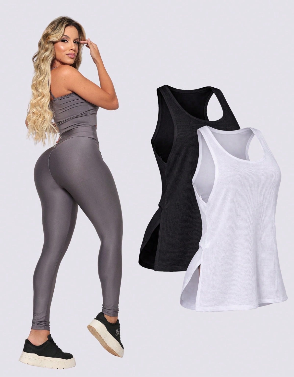 Kit 3 Peças Conjunto de Roupas Esportivas Fitnes Feminino Calça Legging Cintura Alta + Top com Bojo Removivel Zero Transparência + Regata Academia Dry Fit Ideal Treino Malhar Corrida