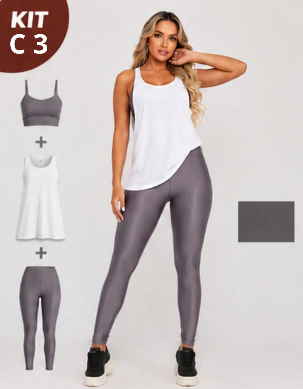 Kit 3 Peças Conjunto de Roupas Esportivas Fitnes Feminino Calça Legging Cintura Alta + Top com Bojo Removivel Zero Transparência + Regata Academia Dry Fit Ideal Treino Malhar Corrida
