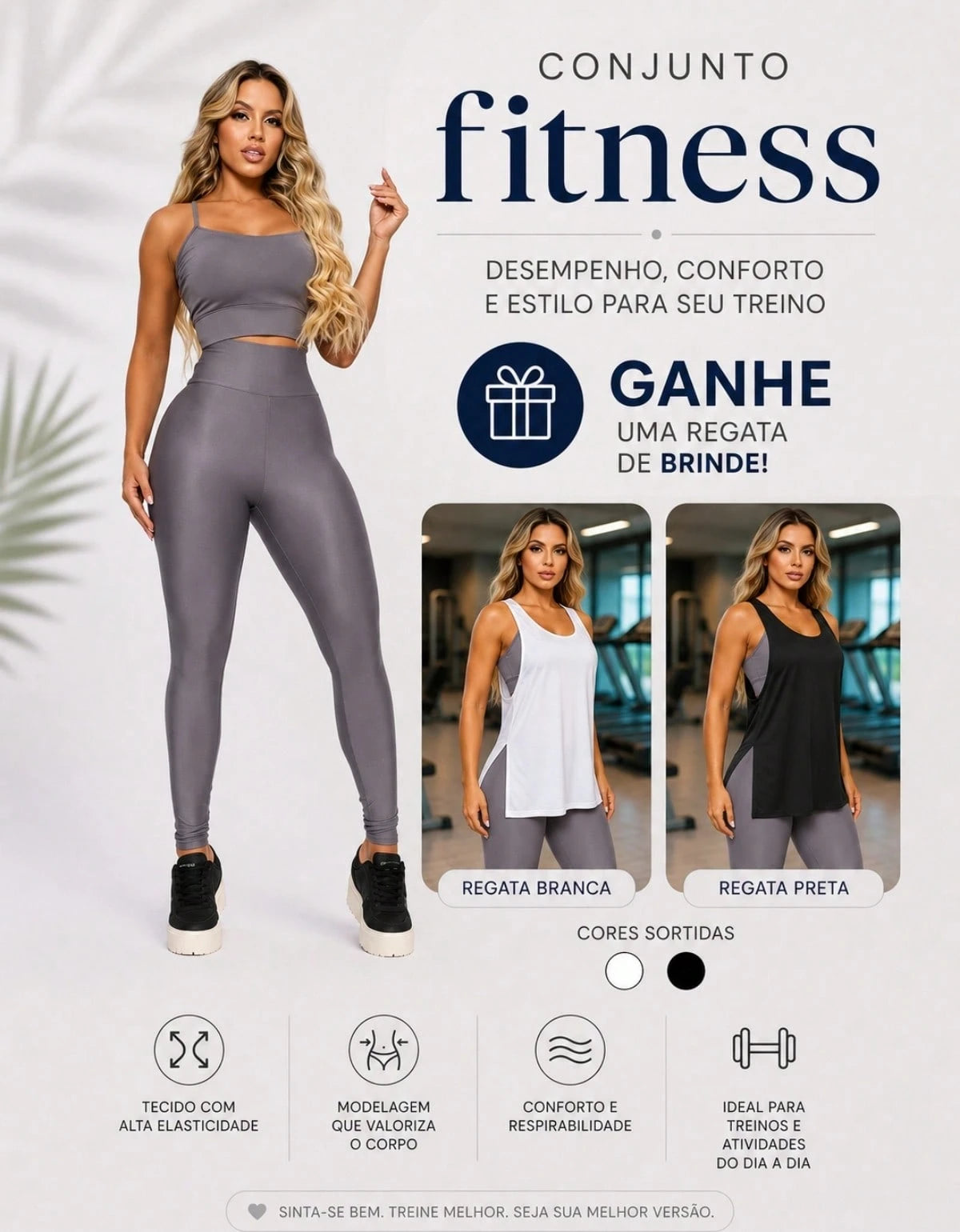 Kit 3 Peças Conjunto de Roupas Esportivas Fitnes Feminino Calça Legging Cintura Alta + Top com Bojo Removivel Zero Transparência + Regata Academia Dry Fit Ideal Treino Malhar Corrida