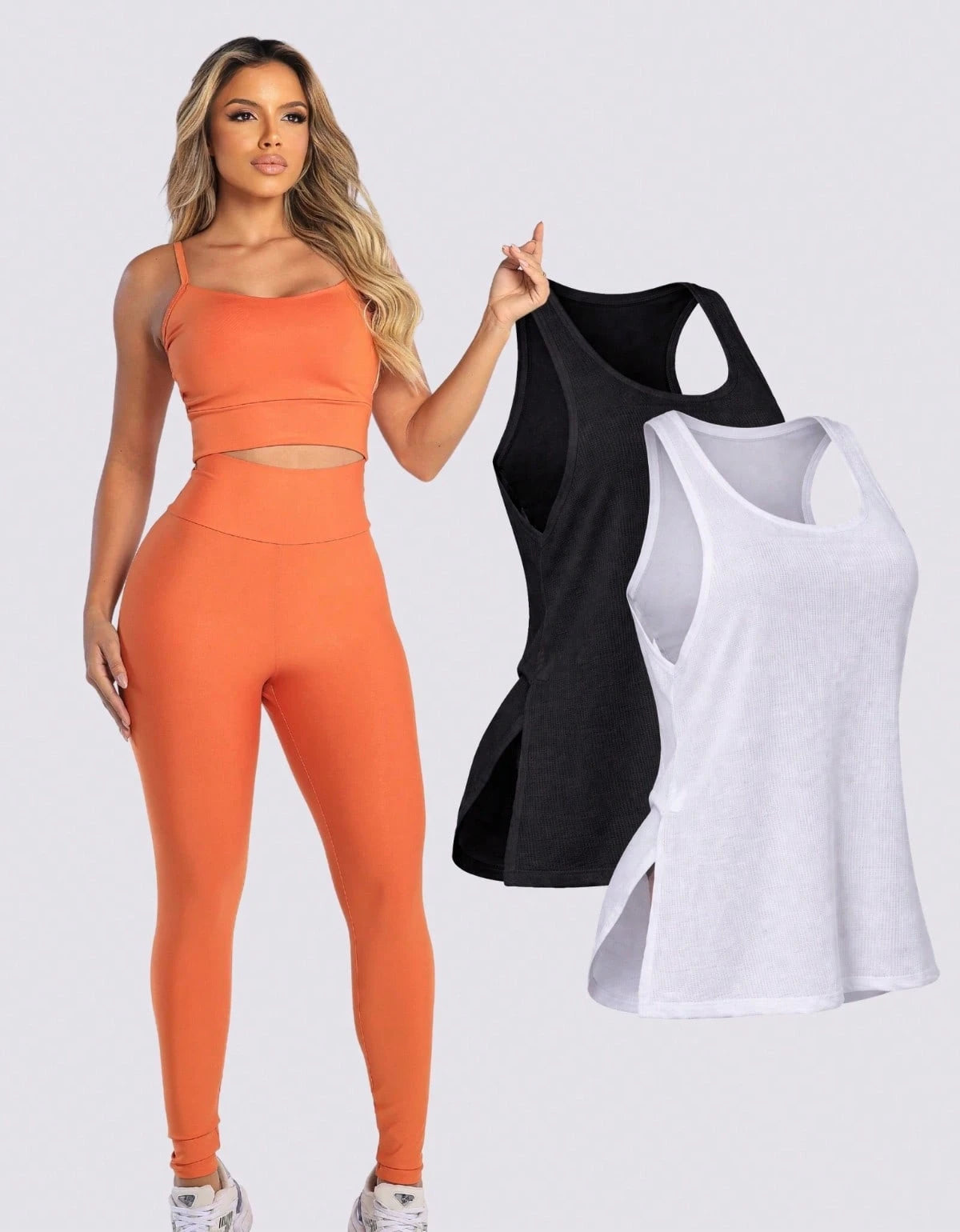Kit 3 Peças Conjunto de Roupas Esportivas Fitnes Feminino Calça Legging Cintura Alta + Top com Bojo Removivel Zero Transparência + Regata Academia Dry Fit Ideal Treino Malhar Corrida