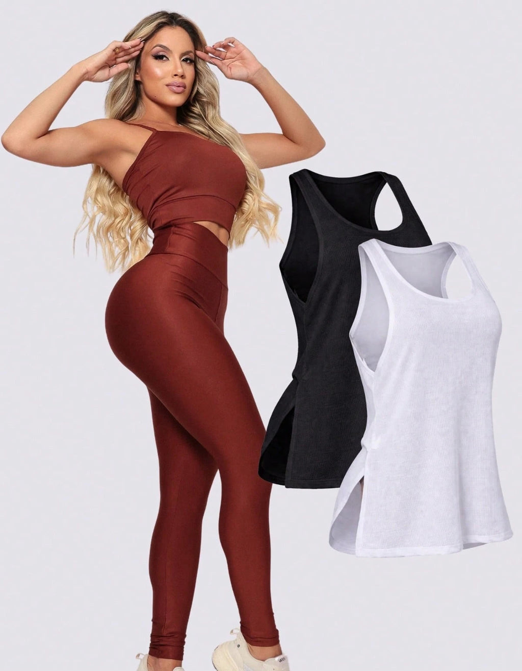 Kit 3 Peças Conjunto de Roupas Esportivas Fitnes Feminino Calça Legging Cintura Alta + Top com Bojo Removivel Zero Transparência + Regata Academia Dry Fit Ideal Treino Malhar Corrida
