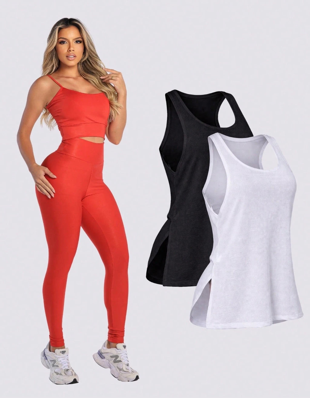 Kit 3 Peças Conjunto de Roupas Esportivas Fitnes Feminino Calça Legging Cintura Alta + Top com Bojo Removivel Zero Transparência + Regata Academia Dry Fit Ideal Treino Malhar Corrida