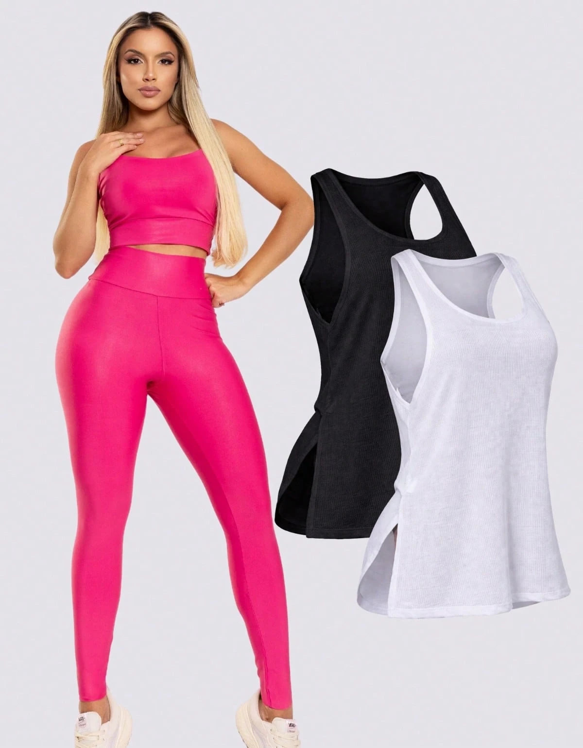 Kit 3 Peças Conjunto de Roupas Esportivas Fitnes Feminino Calça Legging Cintura Alta + Top com Bojo Removivel Zero Transparência + Regata Academia Dry Fit Ideal Treino Malhar Corrida