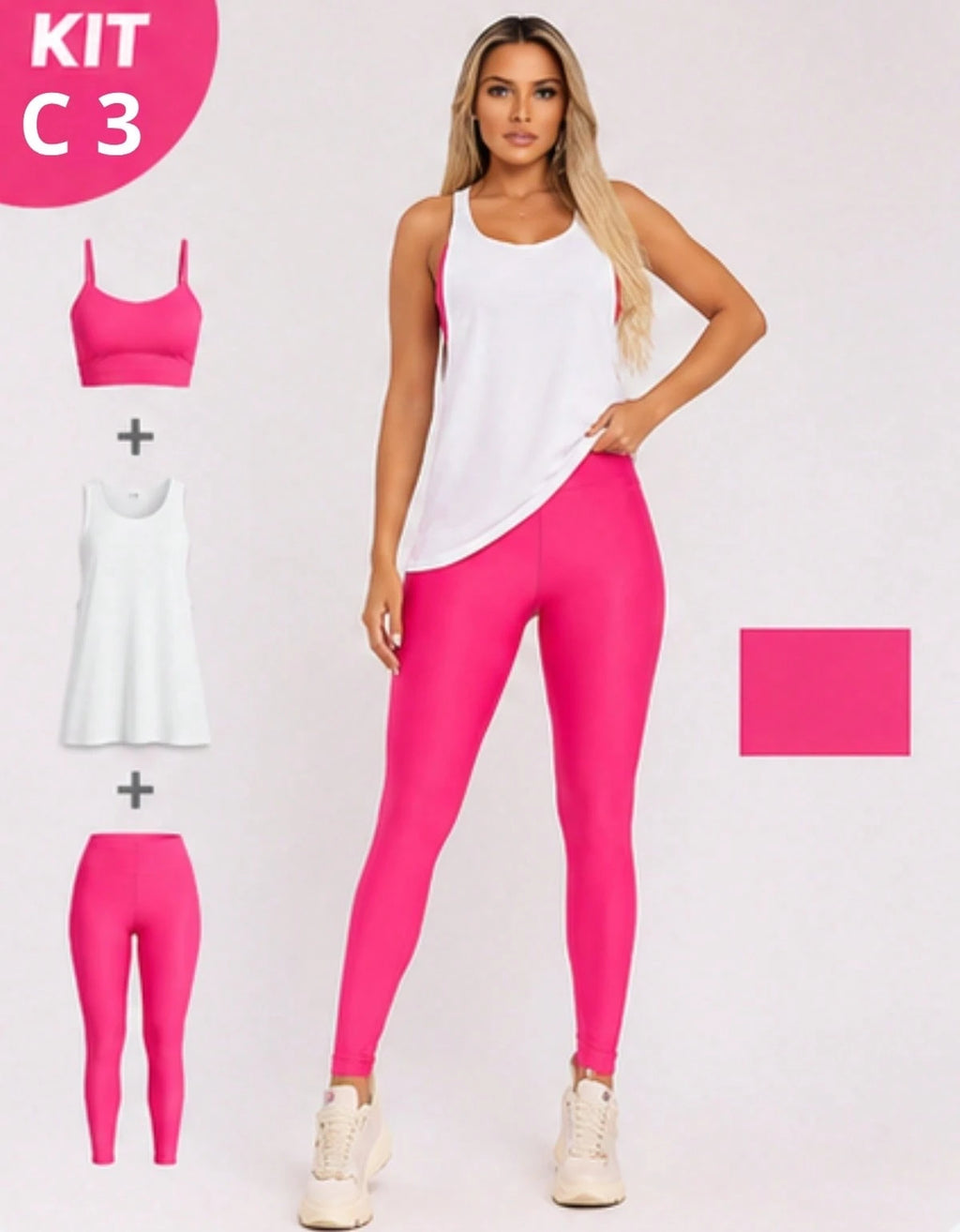 Kit 3 Peças Conjunto de Roupas Esportivas Fitnes Feminino Calça Legging Cintura Alta + Top com Bojo Removivel Zero Transparência + Regata Academia Dry Fit Ideal Treino Malhar Corrida