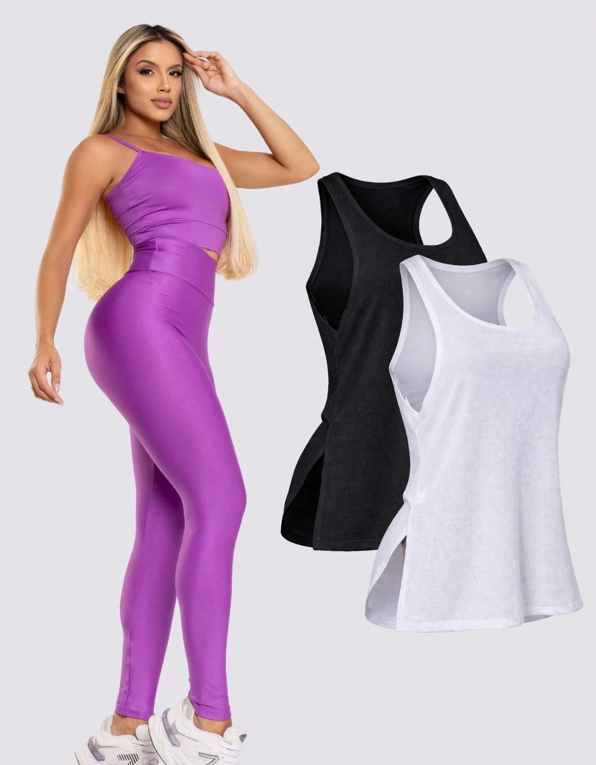 Kit 3 Peças Conjunto de Roupas Esportivas Fitnes Feminino Calça Legging Cintura Alta + Top com Bojo Removivel Zero Transparência + Regata Academia Dry Fit Ideal Treino Malhar Corrida