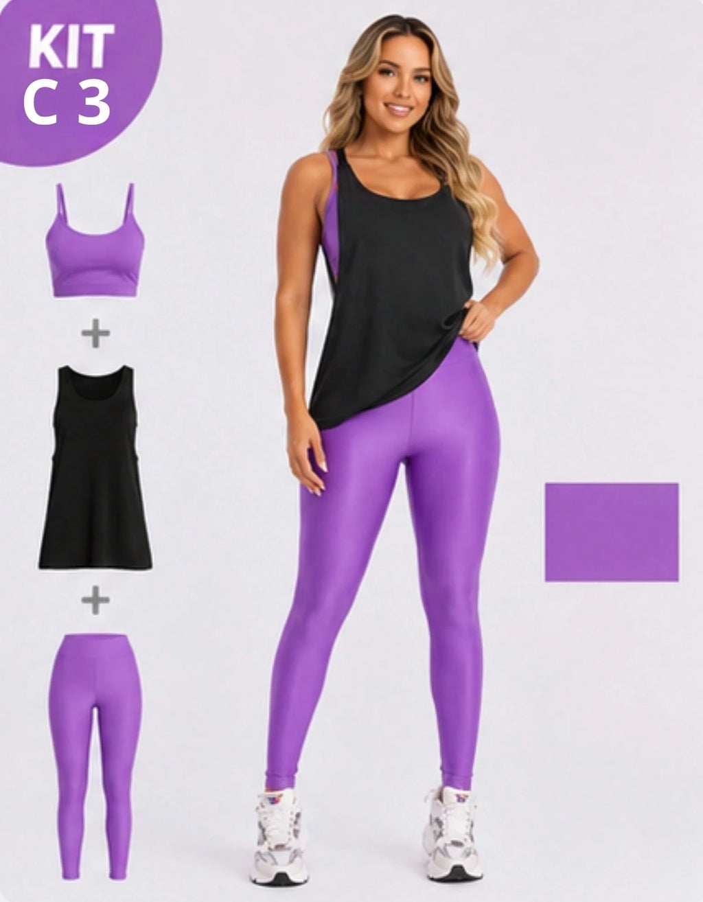 Kit 3 Peças Conjunto de Roupas Esportivas Fitnes Feminino Calça Legging Cintura Alta + Top com Bojo Removivel Zero Transparência + Regata Academia Dry Fit Ideal Treino Malhar Corrida