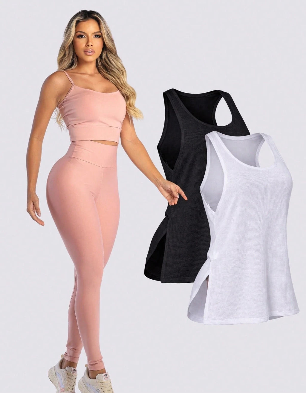 Kit 3 Peças Conjunto de Roupas Esportivas Fitnes Feminino Calça Legging Cintura Alta + Top com Bojo Removivel Zero Transparência + Regata Academia Dry Fit Ideal Treino Malhar Corrida