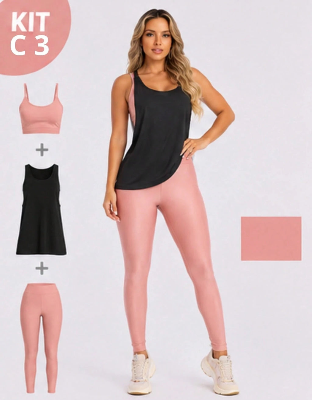 Kit 3 Peças Conjunto de Roupas Esportivas Fitnes Feminino Calça Legging Cintura Alta + Top com Bojo Removivel Zero Transparência + Regata Academia Dry Fit Ideal Treino Malhar Corrida