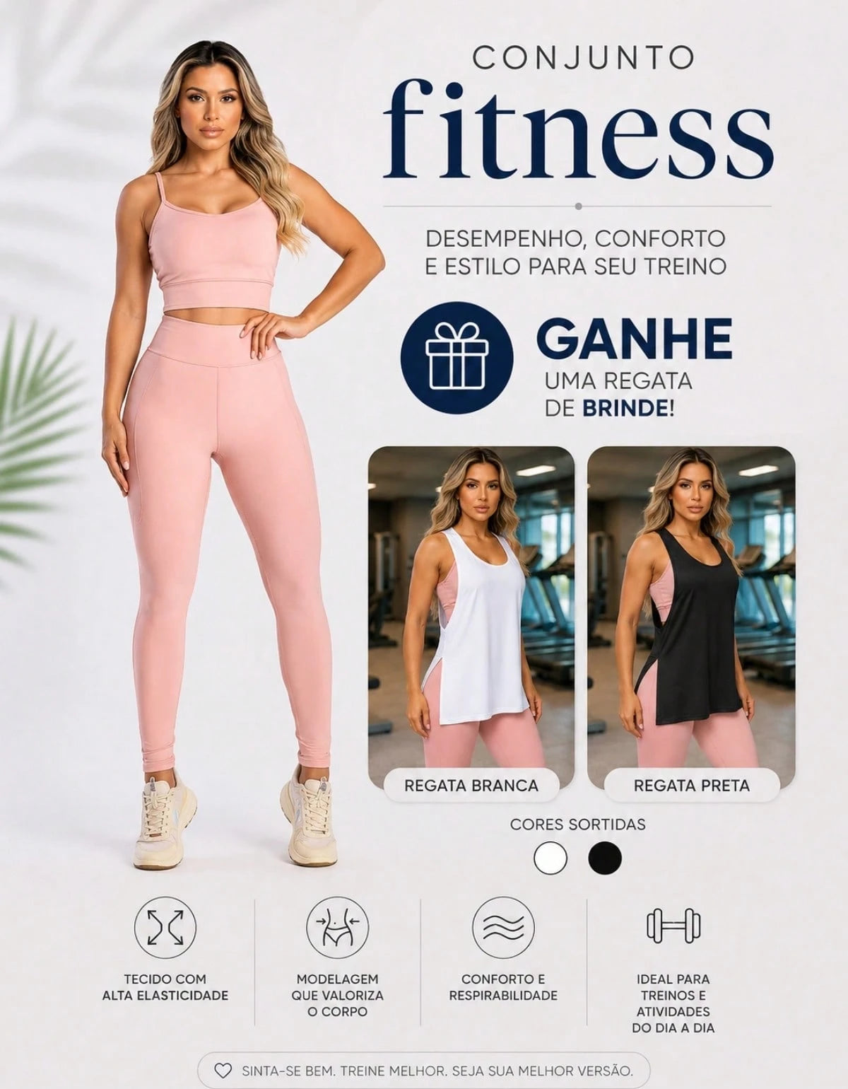 Kit 3 Peças Conjunto de Roupas Esportivas Fitnes Feminino Calça Legging Cintura Alta + Top com Bojo Removivel Zero Transparência + Regata Academia Dry Fit Ideal Treino Malhar Corrida