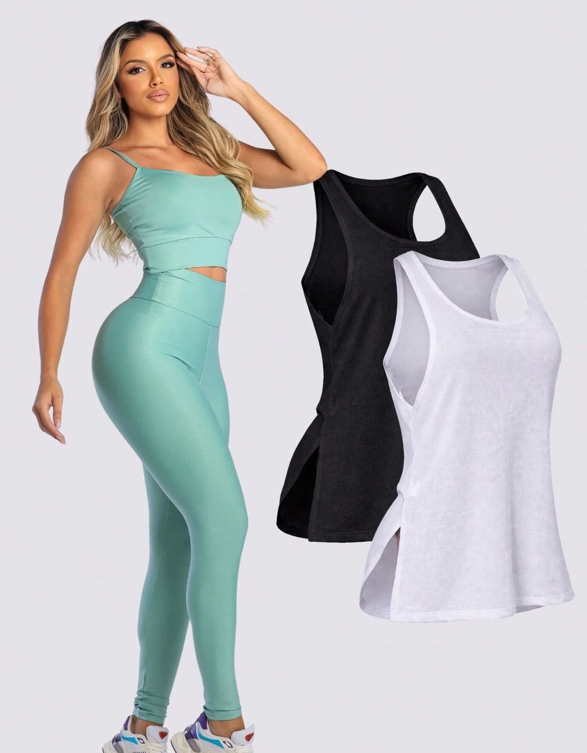 Kit 3 Peças Conjunto de Roupas Esportivas Fitnes Feminino Calça Legging Cintura Alta + Top com Bojo Removivel Zero Transparência + Regata Academia Dry Fit Ideal Treino Malhar Corrida