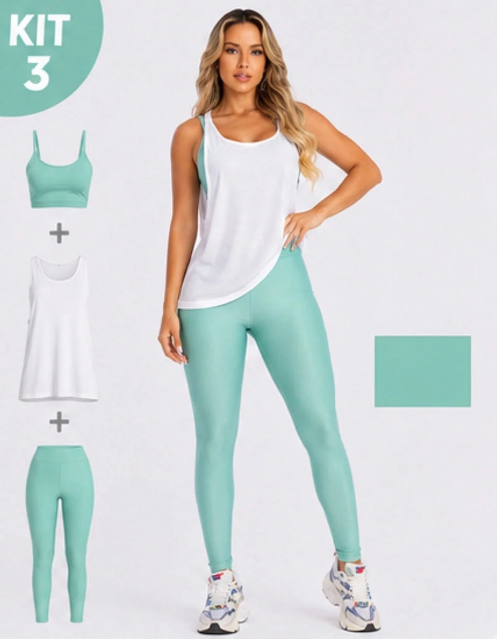 Kit 3 Peças Conjunto de Roupas Esportivas Fitnes Feminino Calça Legging Cintura Alta + Top com Bojo Removivel Zero Transparência + Regata Academia Dry Fit Ideal Treino Malhar Corrida