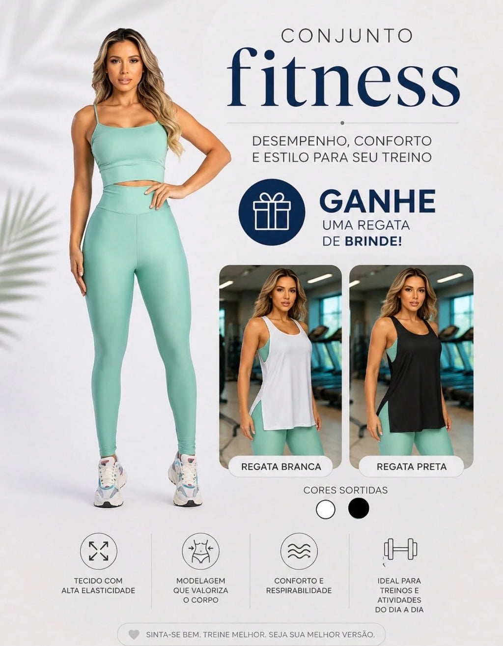 Kit 3 Peças Conjunto de Roupas Esportivas Fitnes Feminino Calça Legging Cintura Alta + Top com Bojo Removivel Zero Transparência + Regata Academia Dry Fit Ideal Treino Malhar Corrida