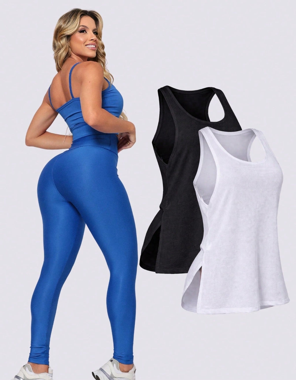 Kit 3 Peças Conjunto de Roupas Esportivas Fitnes Feminino Calça Legging Cintura Alta + Top com Bojo Removivel Zero Transparência + Regata Academia Dry Fit Ideal Treino Malhar Corrida