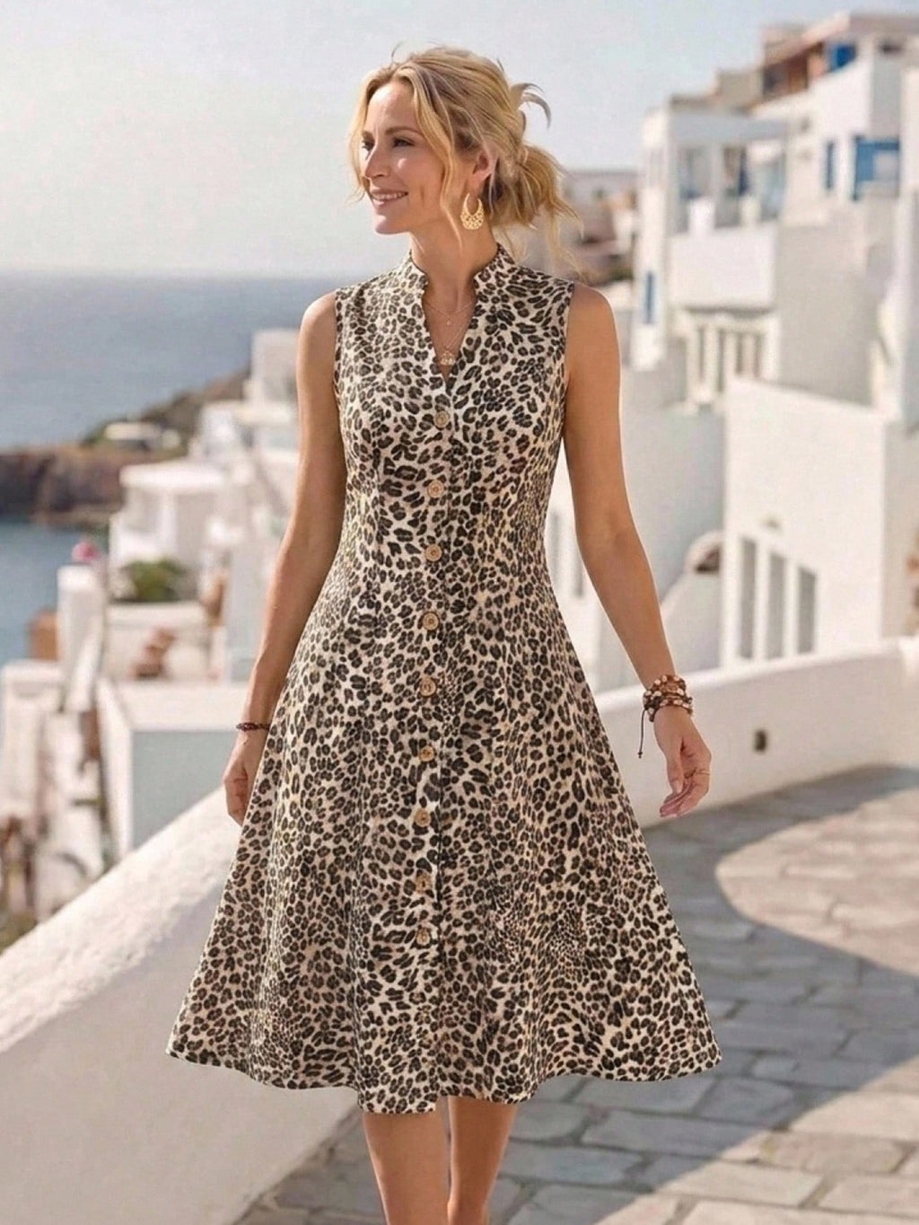 Faunlyn Vestido Feminino de Verão com Estampa Geométrica, Gola Redonda e Manga Curta