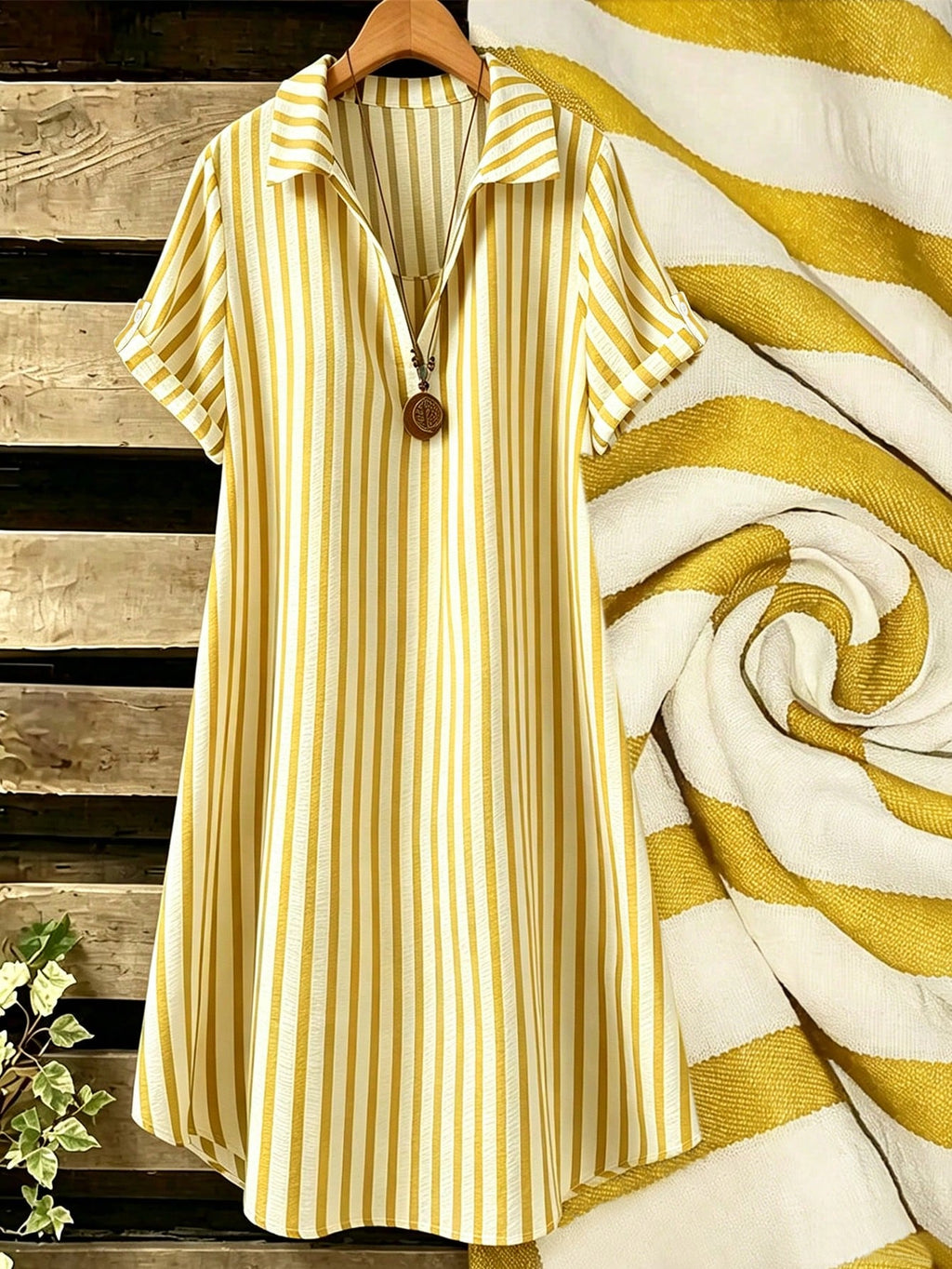 EMERY ROSE Novo Vestido Feminino Casual Solto com Decote em V, Listrado e Botões Longos