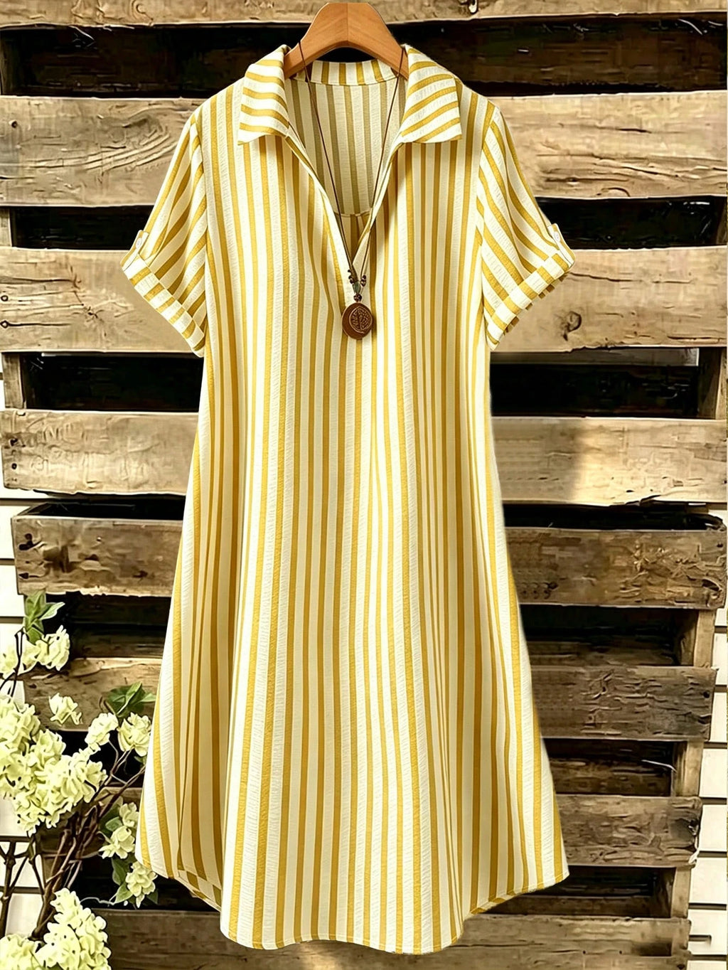 EMERY ROSE Novo Vestido Feminino Casual Solto com Decote em V, Listrado e Botões Longos